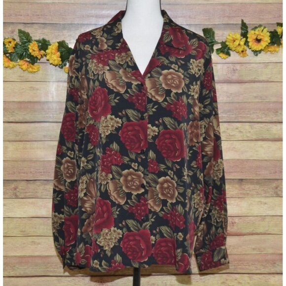 Liz Baker Women's Black Floral Button Front Long Sleeve Blouse Top Plus Size 18W - Picture 1 of 8